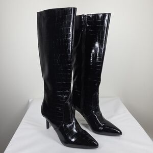Worthington Black Faux Leather Croc Embossed Knee High Stiletto Pointed Toe 9